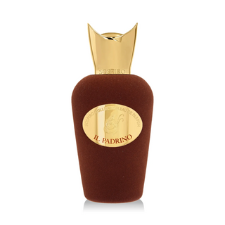 Botella de Il Padrino perfume by Sospiro, diseño marrón aterciopelado con tapa dorada y detalles premium EDP 100 ml.