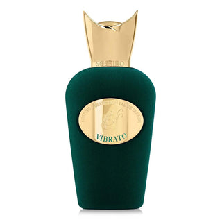 Botella de Vibrato by Sospiro perfume, diseño elegante en verde con tapa dorada y detalles premium EDP 100 ml.