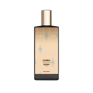 Botella elegante de Memo Paris Lalibela, con un diseño que combina patrones geométricos dorados y estrellas azules