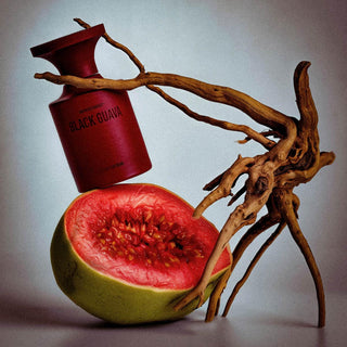 Composición artística con la botella de Black Guava de BORNTOSTANDOUT, en tonos burdeos, apoyada sobre una rama de madera y una guayaba cortada.