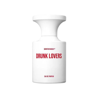 Botella de Drunk Lovers perfume de borntostandout, diseño blanco EDP 50 ml con texto rojo destacado.