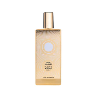 Botella sofisticada de Shams Oud Memo Paris, con un diseño dorado que evoca rayos solares y un tapón dorado