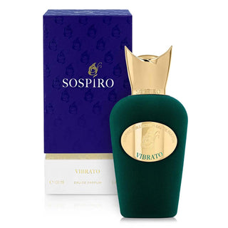 Botella elegante de Vibrato by Sospiro, con un diseño lujoso en tonos dorados y un tapón negro, destacando la sofisticada fragancia de Vibrato by Sospiro.